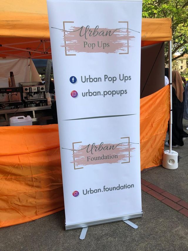 Urban Pop Ups and Urban Foundation banner beside a coffee stall at a Perth halaal market
