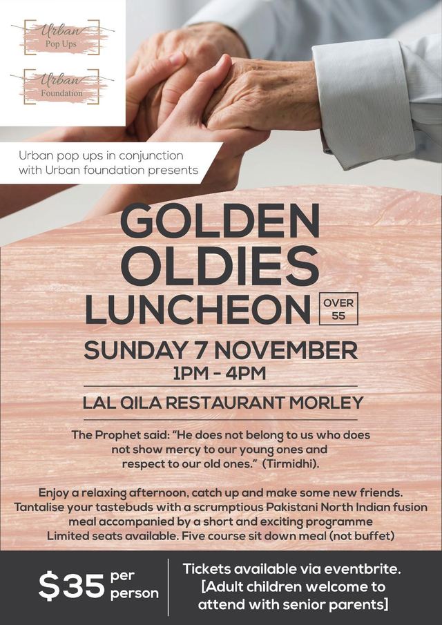 Poster for the Urban Pop Ups Golden Oldies Luncheon for over-55s at Lal Qila Restaurant, Morley